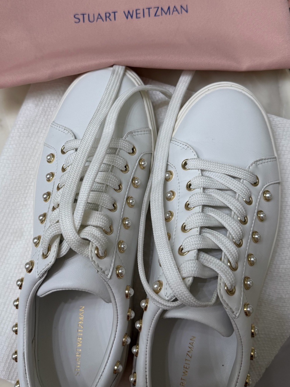 Stuart Weitzman White Leather Sneakers with Pearls